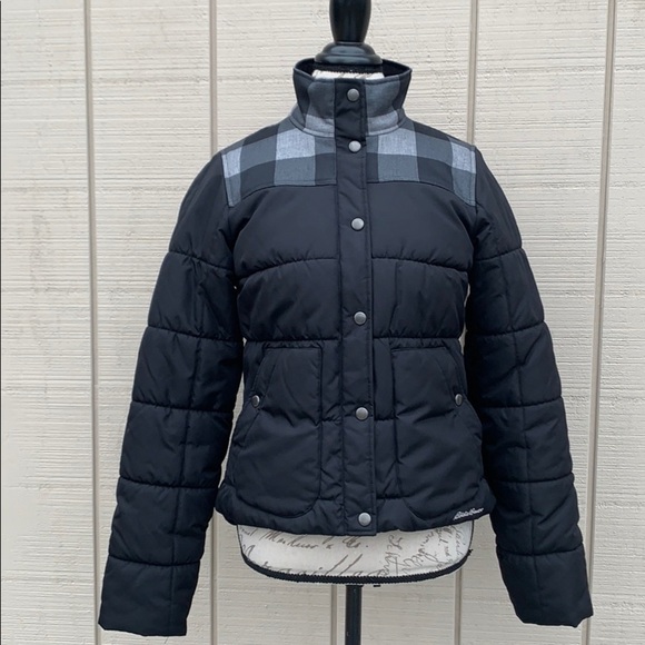 Eddie Bauer Black Jacket with Gray and Black Plaid - Picture 1 of 15
